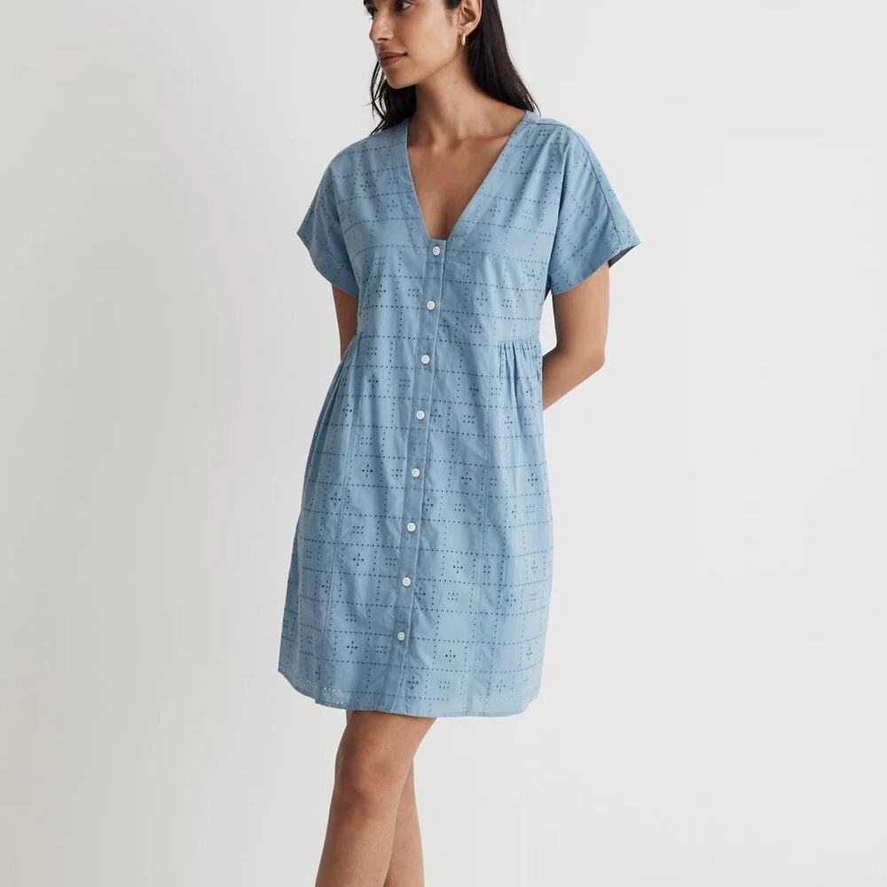 Madewell NWT $98 Button-Front V-Neck Mini Eyelet Dress Size Small